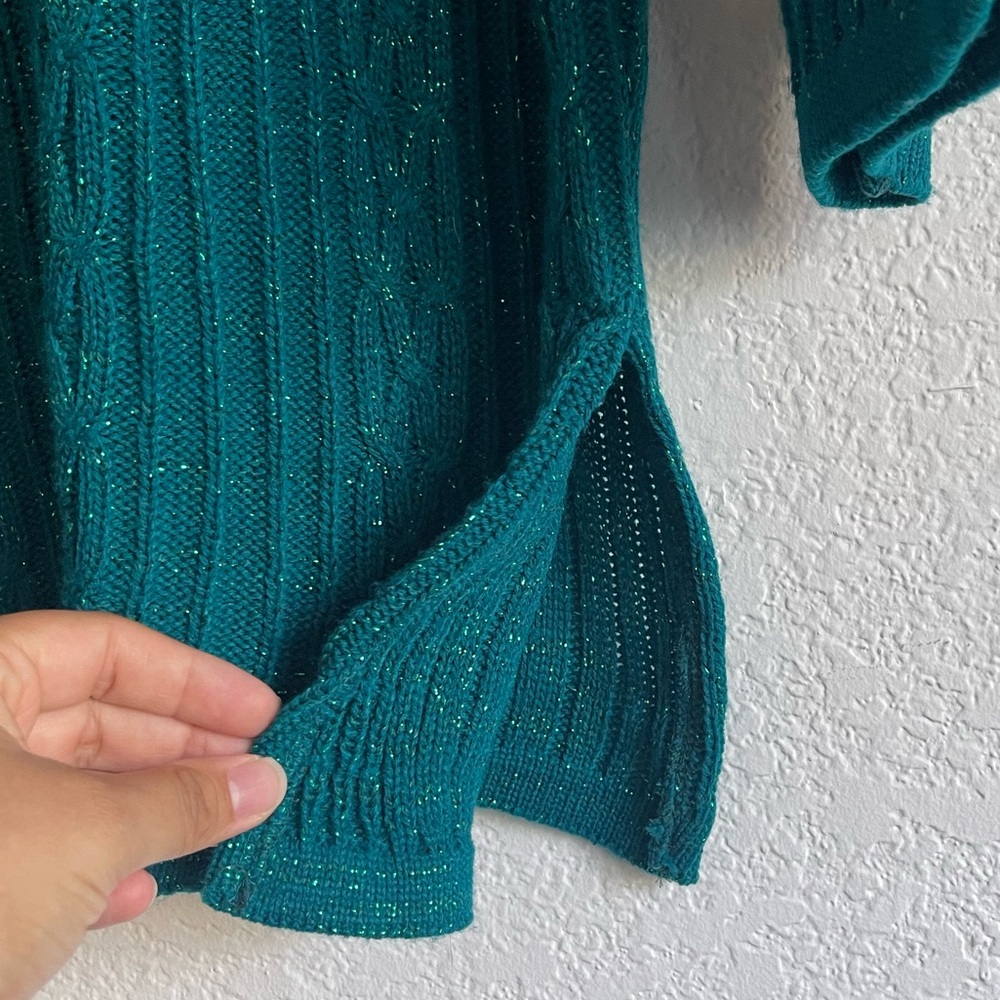 Diane Von Furstenberg DVF Teal Metallic Cable Knit Sweater Lurex Plus Size 1X 2X - Picture 7 of 8